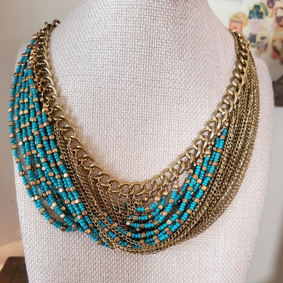Jewelry - Gold and Turquoise Beaded Swag Necklace